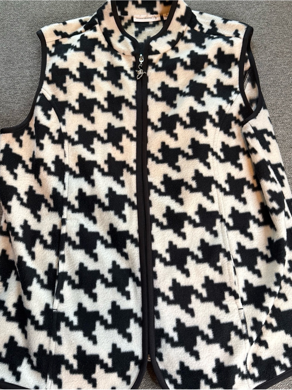 Susan Graver Black White Houndstooth Pattern Full Zip Fleece Vest Size Medium